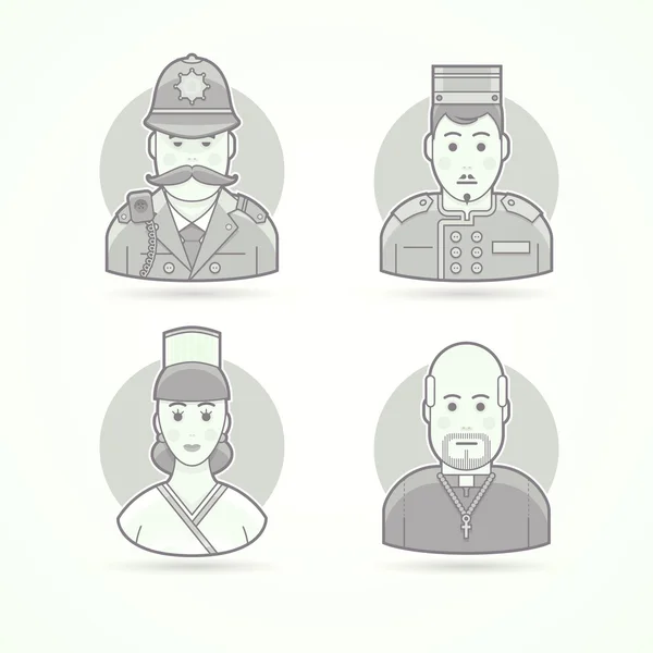 Britse politieagent, Hotel Porter, Cook vrouw, katholieke priester. Set van karakter, avatar en persoon Vector illustraties. Platte zwart-wit omlijnde stijl. — Stockvector
