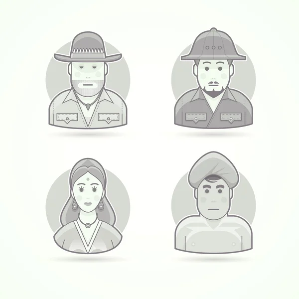 Australian hunter, bushman, African explorer, Indian woman, man from India. Set of character, avatar and person vector illustrations. Flat black and white outlined style. — Stock Vector