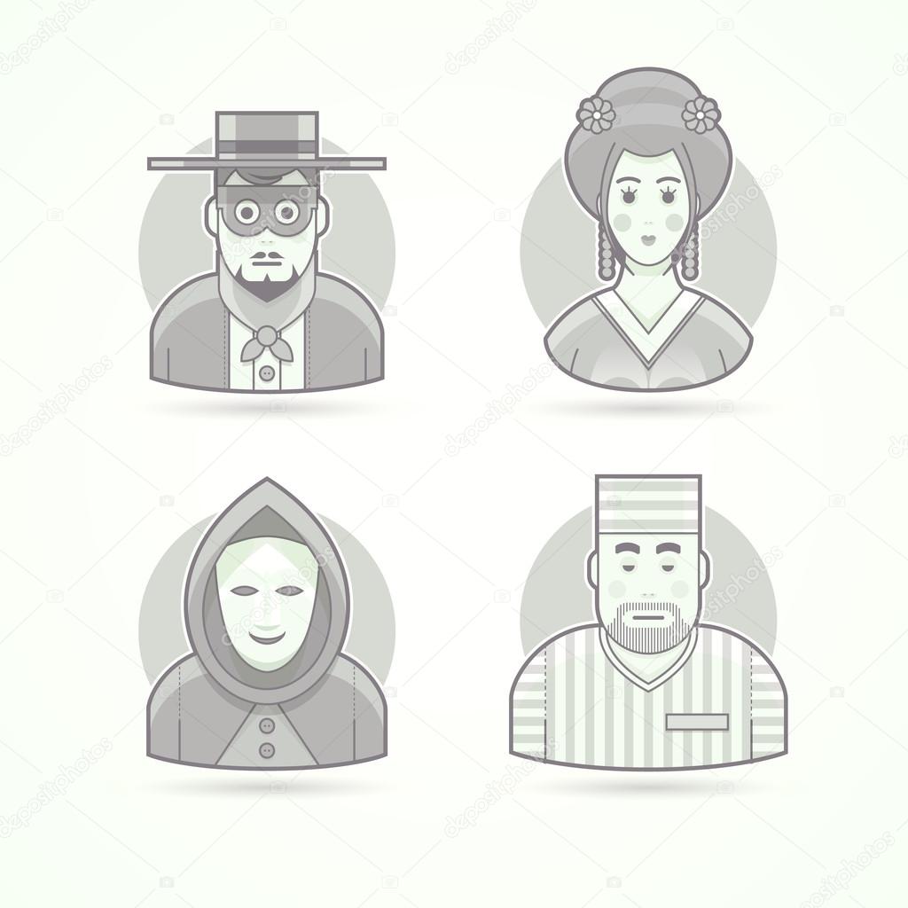 Anonymous, mask man, geisha, prisoner. Set of character, avatar and person vector illustrations. Flat black and white outlined style.