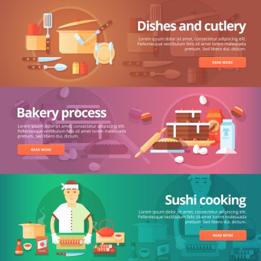 Yemek ve mutfak afişleri hazır. Yemekler ve çatal bıçak takımı, fırın süreci, suşi pişirme teması üzerine düz çizimler. Vektör tasarım kavramları.