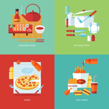Food and kitchen concept illustration. Japanese sushi food, tableware, pizza food. Fast food. Cooking meal. Type of food. Flat vector design banners.