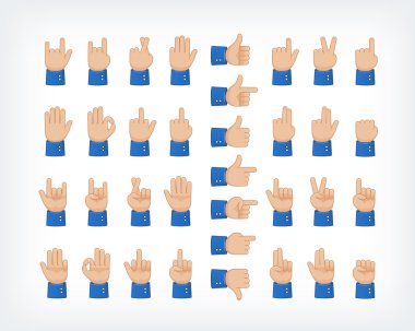 İnsan el toplama, farklı eller, jestler, sinyaller ve işaretler. Vektör simgeleri kümesi.
