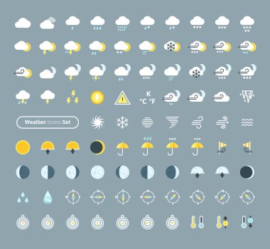 Büyük bir hava durumu ikon paketi. Mobil uygulamalar ve widget'lar için hava tahmini tasarım öğeleri.