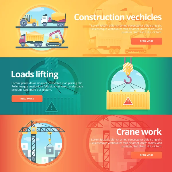 Construction and building banners set. Flat illustrations on the theme of construction vehicles, weight lifting, crane work. Vector design concept. — Stock Vector