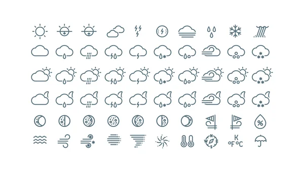 Dünne Linie Wetter-Symbole Sammlung. graue Symbole isoliert auf weißem Hintergrund. — Stockvektor