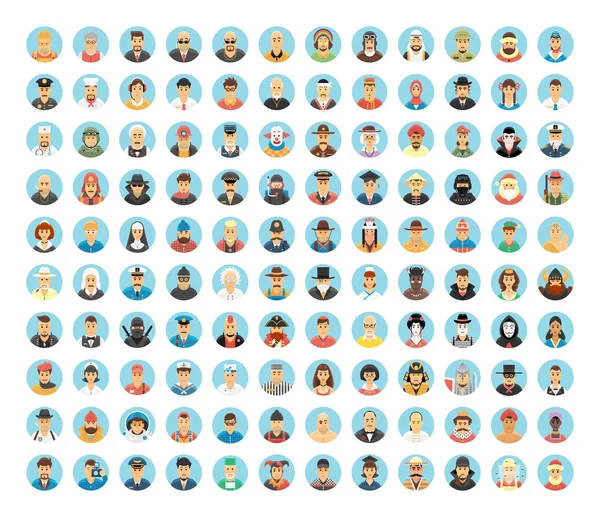 İnsanlar avatar koleksiyonu. İnsanların, mesleklerin, işlerin düz daire simgeleri. İnsanlar portreleri, çizgi film insanları, insan yaşam tarzları. İnsan rolü. Halk toplumu.