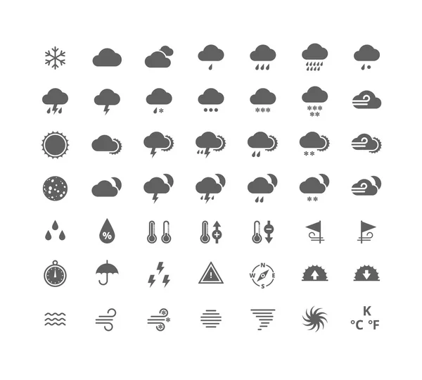 Conjunto de iconos meteorológicos de silueta gris. Widgets pronóstico del tiempo y elementos de diseño de aplicaciones. Aislado sobre fondo blanco . — Archivo Imágenes Vectoriales