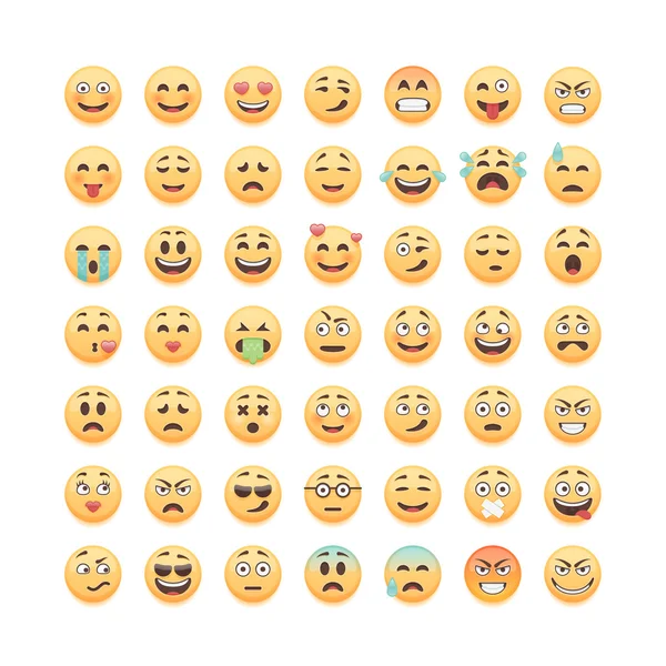 귀여운 스마일 이모티콘, 흰색 배경, 벡터 일러스트 레이 션에 고립 된 emoji 집합. — 스톡 벡터