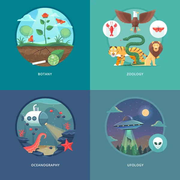 Education and science concept illustrations. Botany, zoology, oceanography and ufology . Science of life and origin of species. Flat vector design banner. — Stock Vector