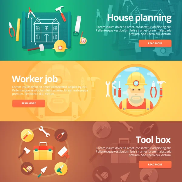 Bouw en bouw banners set. Platte illustraties op het thema van de planning van een huis, werknemer of bouwer baan, gereedschapskist apparatuur. Vector ontwerpconcept. — Stockvector