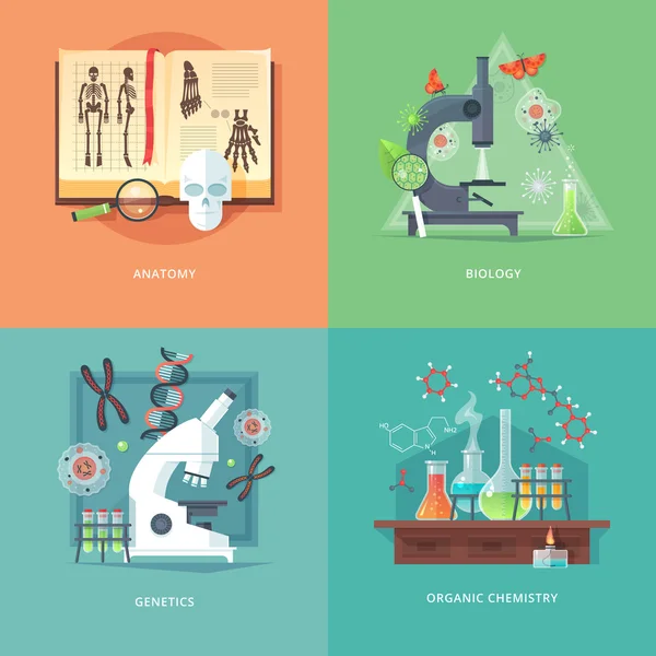 Illustrationen zum Bildungs- und Wissenschaftskonzept. Anatomie, Biologie, Genetik und organische Chemie. Wissenschaft vom Leben und Ursprung der Arten. Flat Vector Design Banner. — Stockvektor