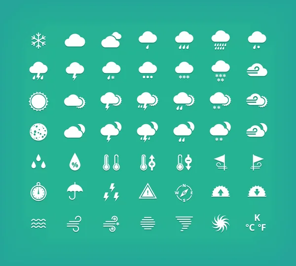 Weiße Silhouette Wettersymbole gesetzt. Gestaltungselemente für Wettervorhersagen. — Stockvektor