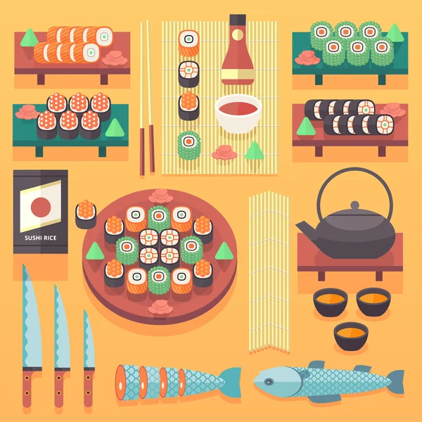 일본 음식과 요리 일러스트. 플랫 벡터 요리 디자인 요소입니다. 전통적인 아시아 주방 컨셉. — 스톡 벡터