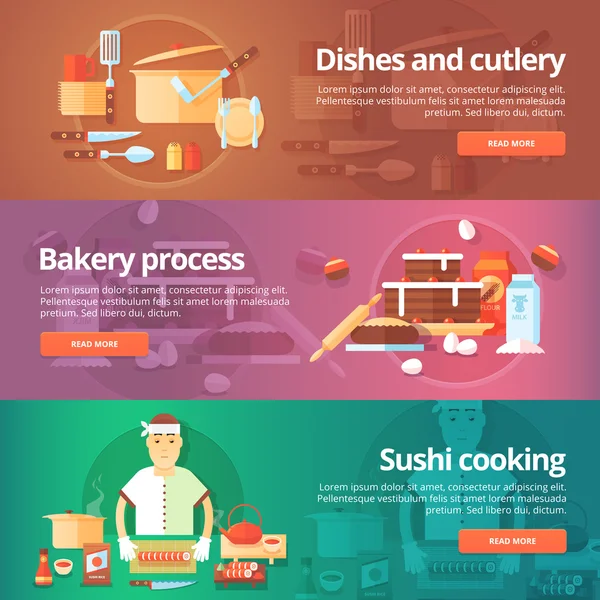 Zestaw banerów spożywczych i kuchennych. Płaskie ilustracje na temat potraw i sztućców, proces piekarniczy, gotowanie Sushi. Koncepcje projektowe wektorowe. — Wektor stockowy