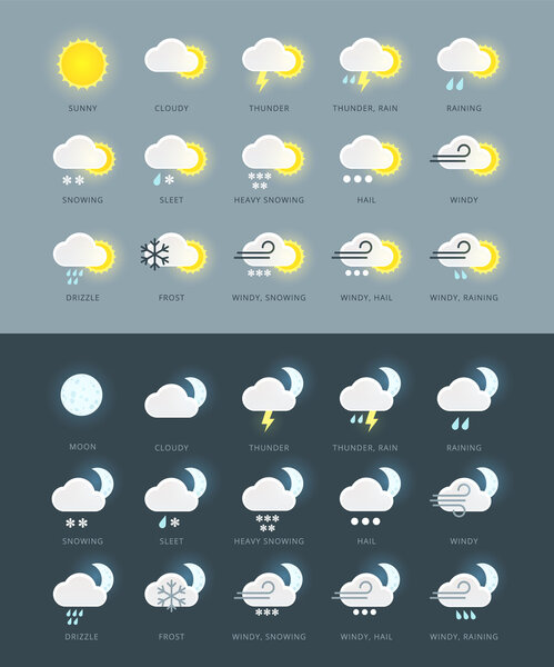 Flat colored weather icons collection with day and night variations. For weather forecast widgets and mobile apps. Weather symbols. Weather signs.