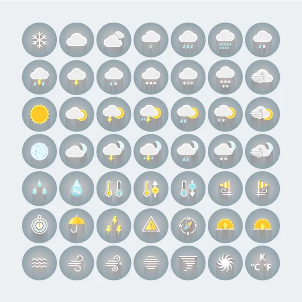Weather icons set. Flat circle icons with shadows. — Stock Vector