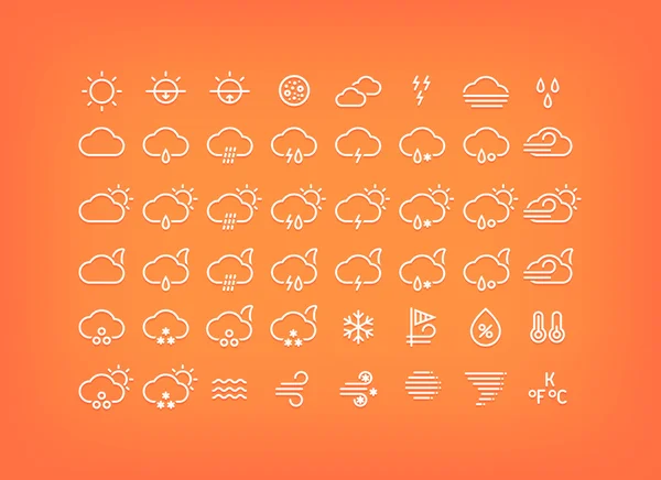 Vitt väder ikoner inställd. Tunn linje väder symboler med skugga. Väderprognoselement och skyltar för mobilappar och webbdesign. — Stock vektor