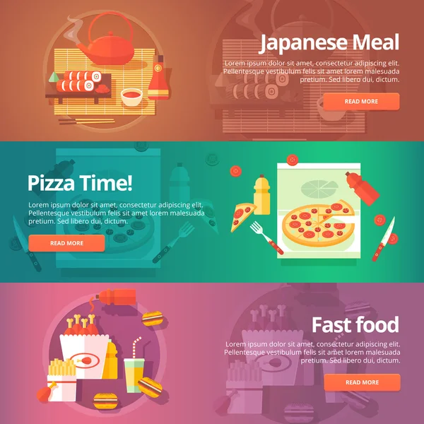 Eten en keuken banners set. Platte illustraties op het thema van de Japanse sushi, pizza tijd, Fast Food. Concepten van vector ontwerpen. — Stockvector