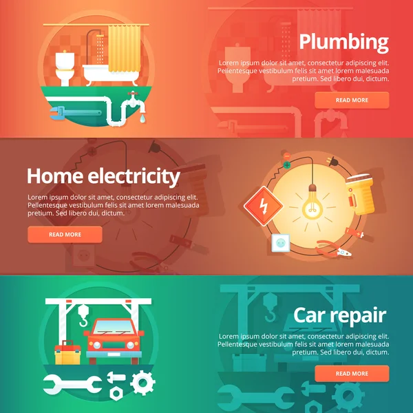 Construction and building banners set. Flat illustrations on the theme of home plumbing, electricity, car repair service station. Vector design concept. — Stock Illustration Construction and building banners set. Flat illustrations on the theme of home plumbing, electricity, car repair service station. Vector design concept. Vector Graphics