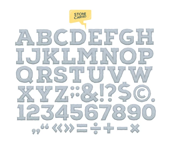 Vector stone carved alphabet. Letters. numbers made of stone. — Stockvector