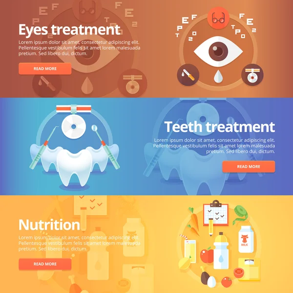 Medical and health banners set. Eye care. Vision treatment. Dentistry. Teeth care. Nutrition. Diet. Modern flat vector illustrations. Horizontal banners. — Stock Vector