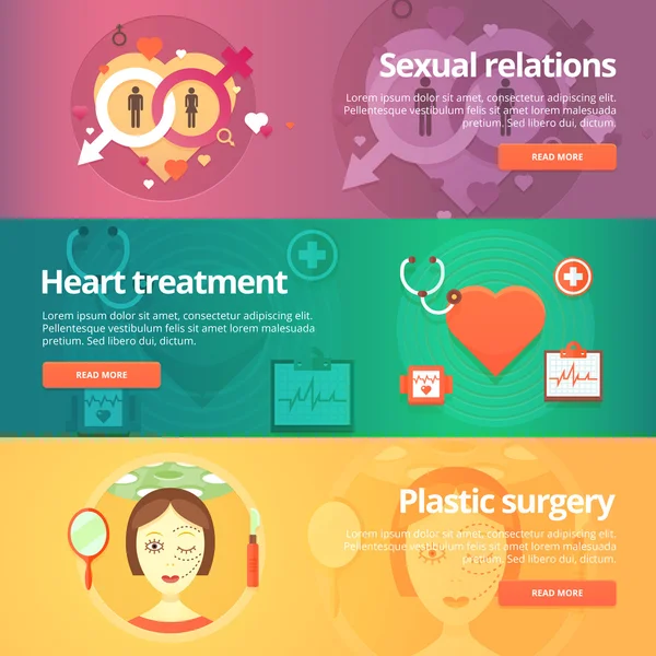 Medical and health banners set. Sexology. Heart treatment. Cardiology. Anaplasty. Plastic surgery. Modern flat vector illustrations. Horizontal banners. — Stock Vector