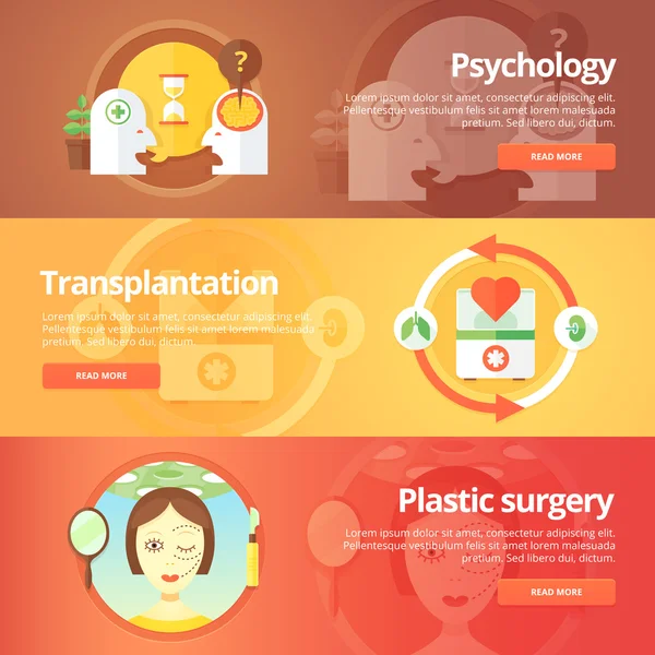 Medical and health banners set. Sexology. Transplantation. Organs donation. Anaplasty. Plastic surgery. Modern flat vector illus — 图库矢量图片