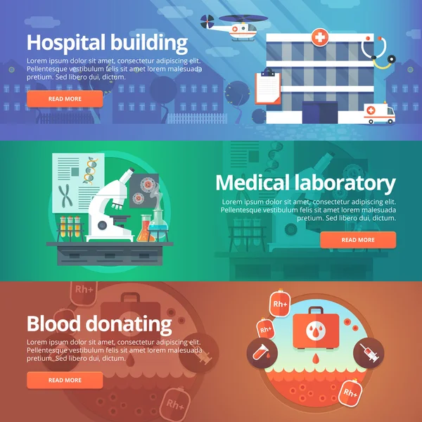 Medical and health banners set. Hospital. Medical laboratory, Blood donation. Modern flat vector illustrations. Horizontal banners. — ストックベクタ