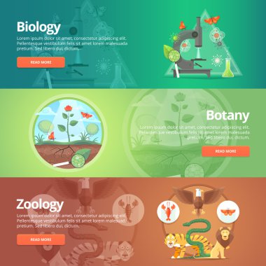 Science of biology. Natural science. Vegetable life. Botany knowledge. Animal planet. Zoology. Zoo. World of wildlife. Education and science banners set. Vector design concept.