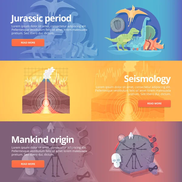 Período jurásico. Edad de los dinosaurios. Ciencia sismológica. Errupción del volcán. Origen humano. Antropología. Ciencia de la vida. Estudio del terremoto. Conjunto de pancartas de educación y ciencia. Concepto de diseño vectorial . — Archivo Imágenes Vectoriales