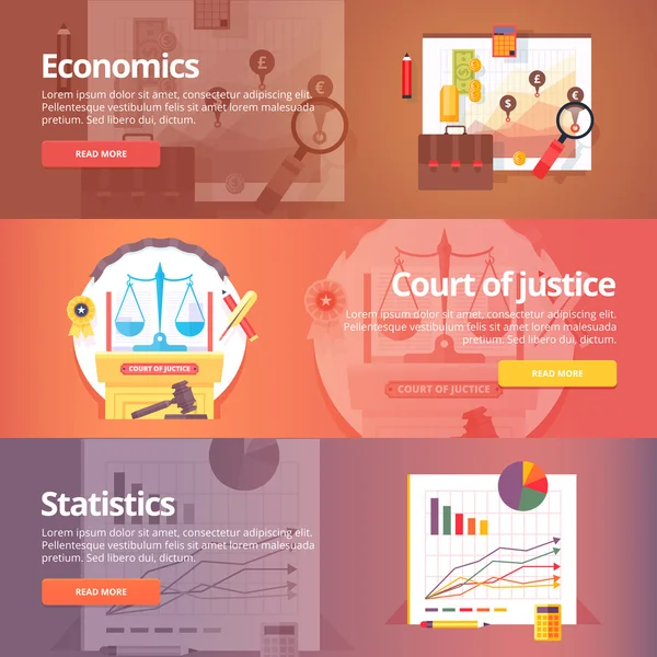 Social science of economics. Political economy. Court of Justice. Study of statistics. Exact sciences. Civil law. Liberal art. Education and science banners set. Vector design concept. — Stock Vector
