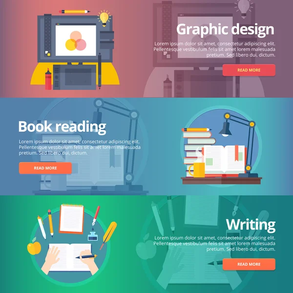 Grafisch ontwerp. Digitale schilderij. Boek lezen. Hand schrijven. Kalligrafie vaardigheid. Bibliotheek. Onderwijs banners set. Vector ontwerpconcept. — Stockvector