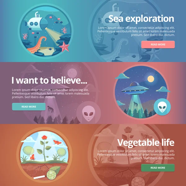 Sea exploration. Science of life. Natural science. Ufology. Flying saucer. Alien abduction. Vegetable life. Botany study. Science of plants. Education and science banners set. Vector design concept. — Wektor stockowy