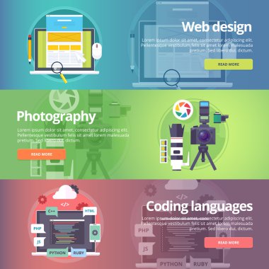 Web tasarımı. Dijital fotoğrafçılık sanatı. Kodlama dilleri. Programlama becerileri. Dijital teknolojiler. Web sitesi geliştirme. Teknolojik ve dijital üretim afişleri kuruldu. Vektör tasarım konsepti.