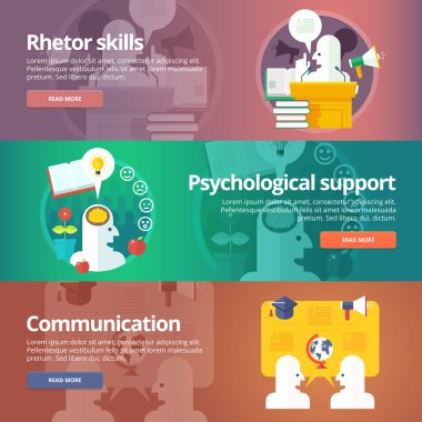 Hatip becerileri. Psikolojik destek. Konuşma sanatı. İnsanlar iletişim. Sosyal ilişkiler ve insan iletişim ilerlemi afişleri kuruldu. Vektör tasarım konsepti.