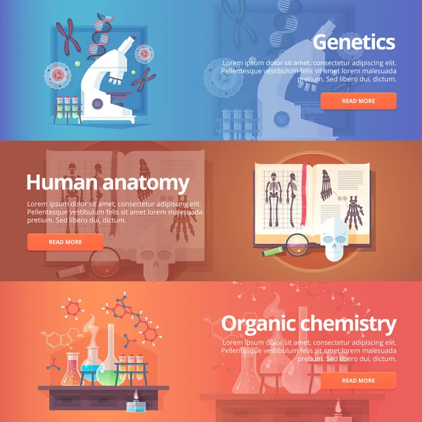 Genetics. Human genome. Human anatomy. Anatomical atlas. Organic chemistry. Biochemisrty. Chemical laboratory. Science of life. Education and science banners set. Vector design concept. — Stock Vector