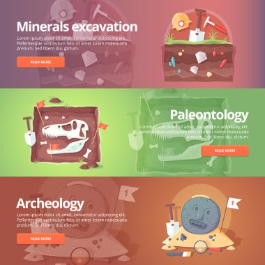 Yaşam bilimi. Mineral kazısı. Paleontoloji. Tarihi arkeoloji. Antik fosiller. Türlerin kökeni. Dinozor çağı. Jeoloji. Eğitim ve bilim afişleri kuruldu. Vektör tasarım konsepti.