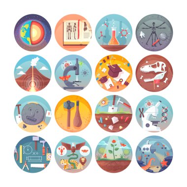Education and science flat circle icons set.  Subjects and science disciplines. Vector icon collection. clipart
