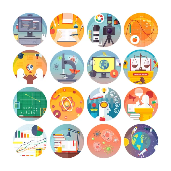 Conjunto de iconos de círculo plano de educación y ciencia. Temas y disciplinas científicas. Colección de iconos vectoriales . — Vector de stock