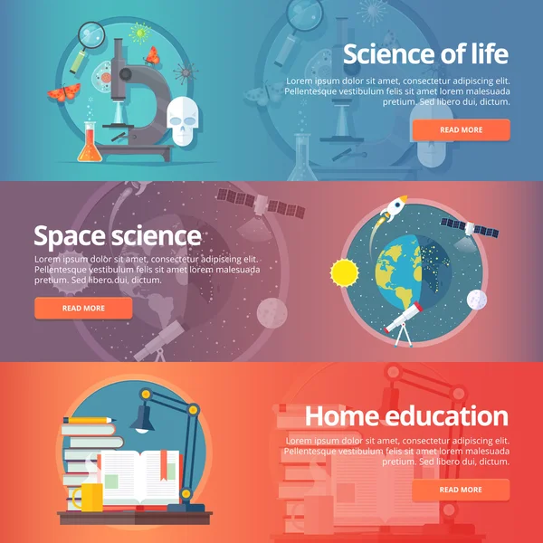 Science of life. Biology. Astronomy. Science of space. Earth in galaxy. Home education. Self education. Reading books. Education and science banners set. Vector design concept. — Stock Vector