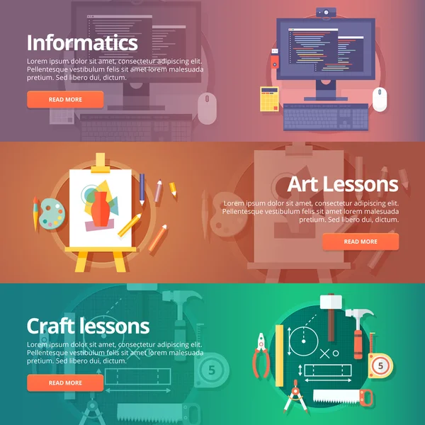 情報学のレッスン。コンピューター技術。情報技術。アートのレッスン。描画・塗装技術。クラフト レッスン。手作りのもの。教育および科学のバナーを設定します。ベクター デザイン コンセプト. — ストックベクタ