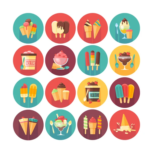 Ice cream and frozen desserts and sweets icon collection. Flat vector circle icons set with long shadow. Food and drinks. — Stock Vector