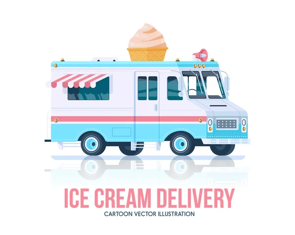一辆冰激凌车。矢量冰淇淋一种。送货服务。平的插图. — 图库矢量图片