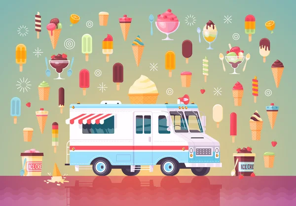 Ícones de sorvete vetorial plano e caminhão de sorvete. Ilustração do conceito premium colorido . — Vetor de Stock