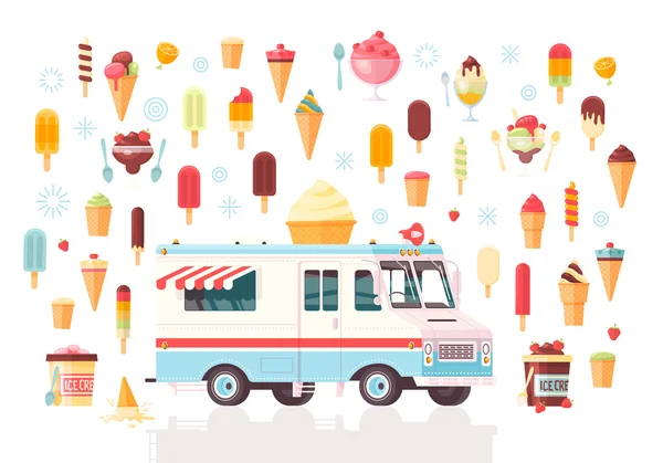 Iconos de helado de vector plano y camión de helados. Colorido concepto premium ilustración. Aislado sobre fondo blanco . — Vector de stock