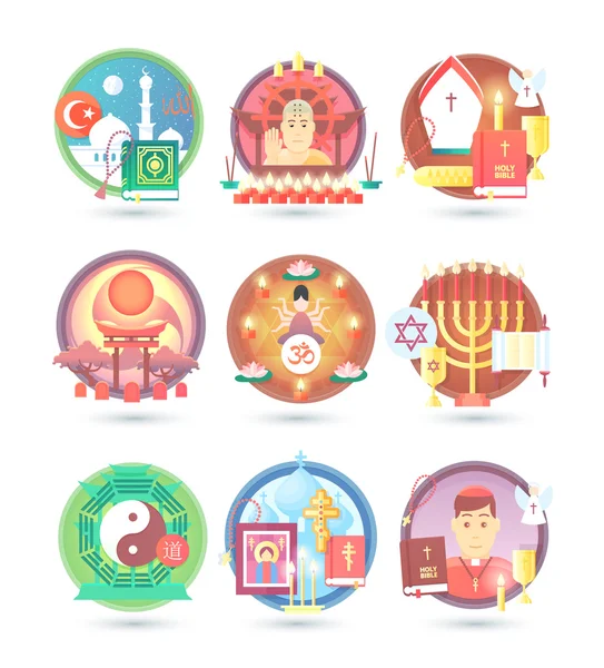 Iconos de religión y confesión. Plano colorido concepto vector ilustración . — Archivo Imágenes Vectoriales