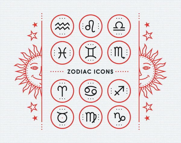 Zodiac icon collection. Sacred symbols set. Vintage style design elements of horoscope and astrology purpose. Thin line signs isolated on bright dotted background. Vector collection. — Stock Vector