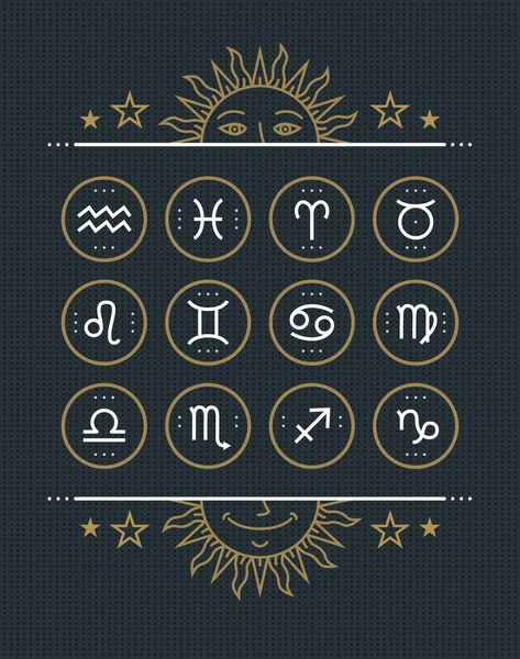 Zodiac ikon insamling. Heliga symboler set. Vintage-stil designelement av horoskop och astrologi syfte. Tunn linje undertecknar isolerat på mörk prickig bakgrund. Vector insamling. — Stock vektor