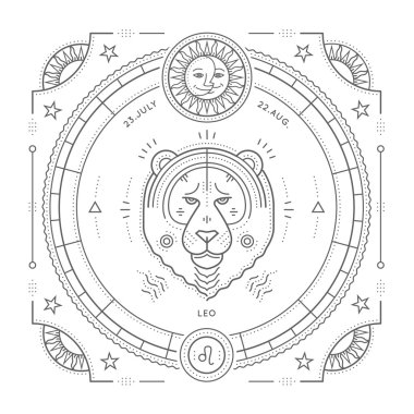 Vintage ince çizgi Leo Zodyak işareti etiket. Retro vektör astrolojik sembolü, mistik, kutsal geometri öğesi, amblem, logo. Kontur anahat illüstrasyon. Beyaz arka plan üzerinde izole.