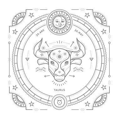 Vintage ince çizgi Toros burç işareti etiket. Retro vektör astrolojik sembolü, mistik, kutsal geometri öğesi, amblem, logo. Kontur anahat illüstrasyon. Beyaz arka plan üzerinde izole.